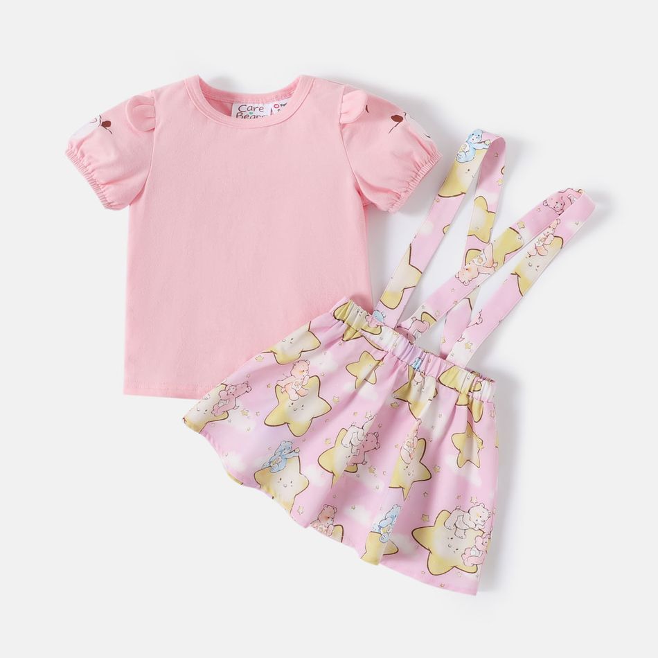 Care Bears 2pcs Baby Girl 95% Cotton Puff-sleeve Tee and Allover Star Print Suspender Skirt Set Pink big image 2