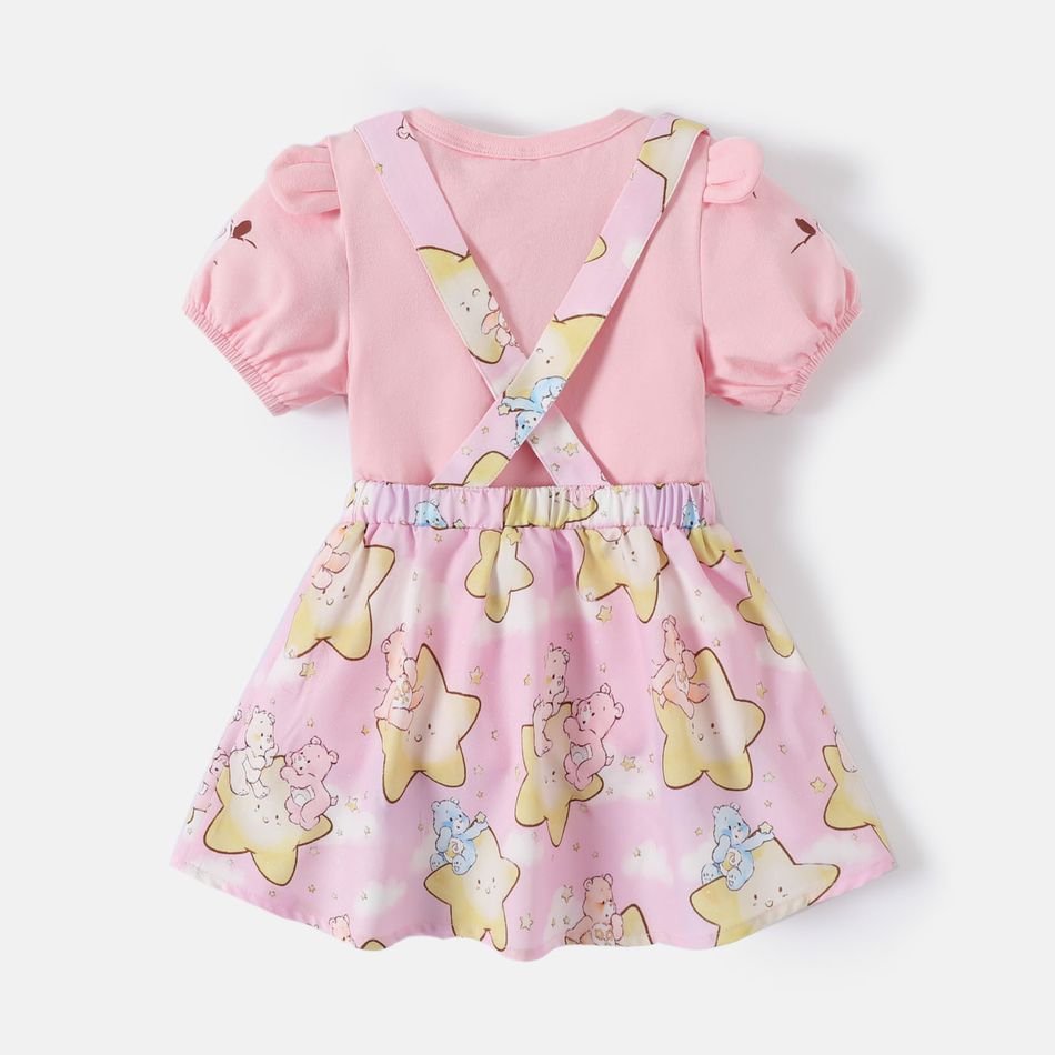 Care Bears 2pcs Baby Girl 95% Cotton Puff-sleeve Tee and Allover Star Print Suspender Skirt Set Pink big image 4