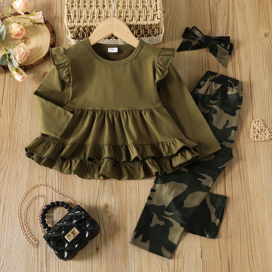 3pcs Toddler Girl Classic Ruffled High Low Tee & Camouflage Print Leggings and Headband Set Army green big image 1