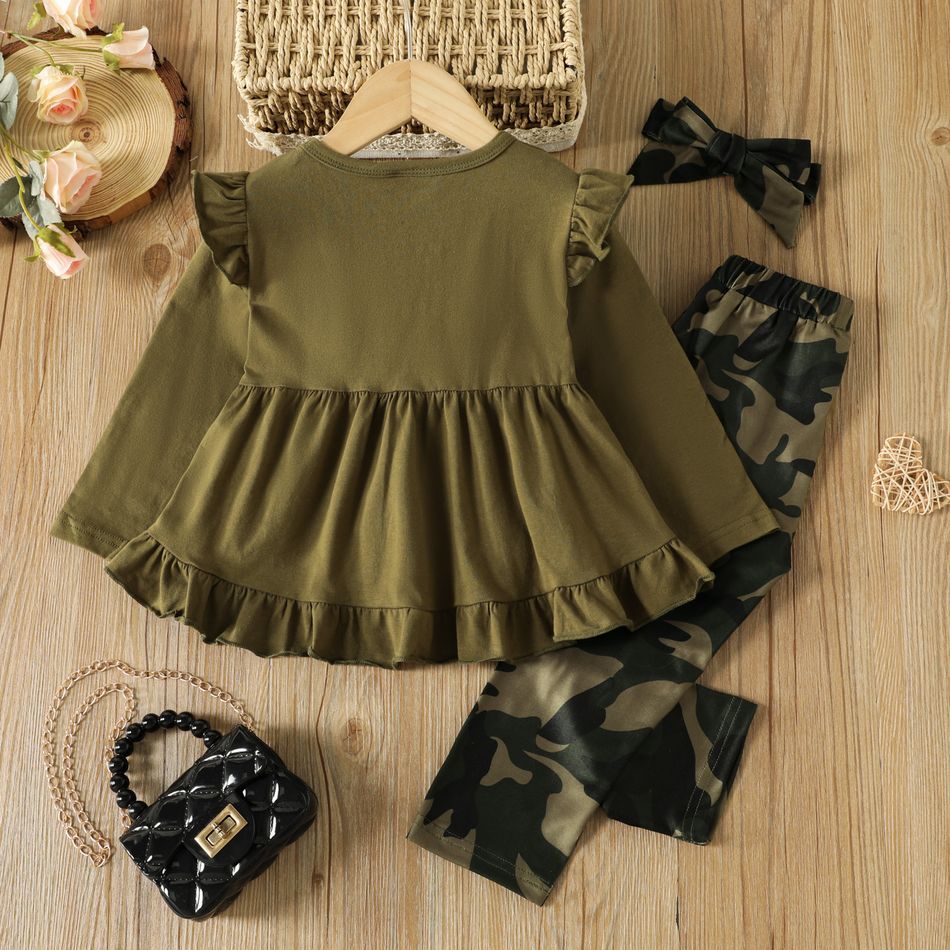 3pcs Toddler Girl Classic Ruffled High Low Tee & Camouflage Print Leggings and Headband Set Army green big image 2