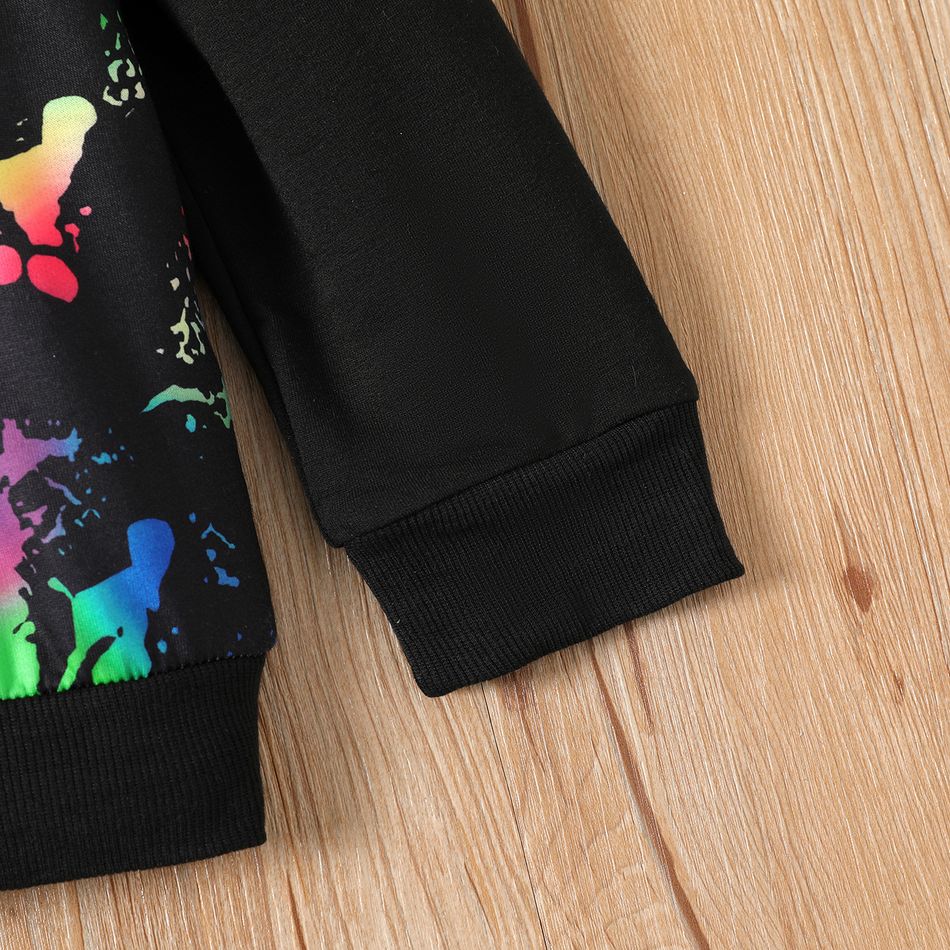 Kid Boy Dinosaur Print Colorblock Hoodie Sweatshirt Black big image 4