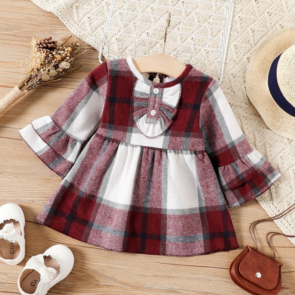 Baby Girl Red Plaid Flare-sleeve A-line Dress Red big image 1