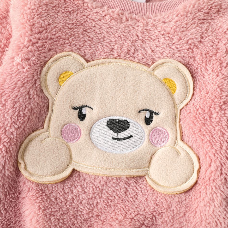 2pcs Toddler Girl Playful Bear Embroidered Polar Fleece Sweatshirt and Bows Design Leggings Set Pink big image 3
