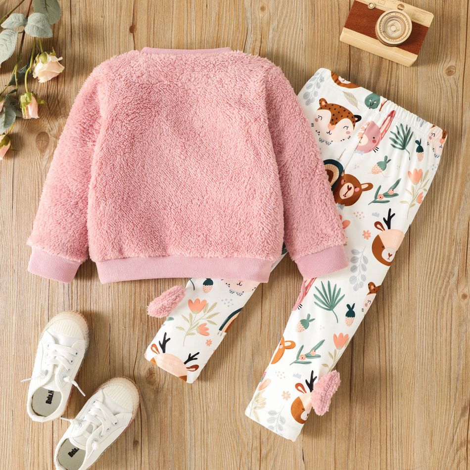 2pcs Toddler Girl Playful Bear Embroidered Polar Fleece Sweatshirt and Bows Design Leggings Set Pink big image 2