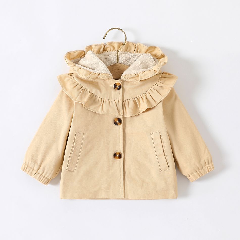 Baby Girl Thermal Fleece Lined Ruffle Trim Hooded Single Breasted Coat Apricot big image 1