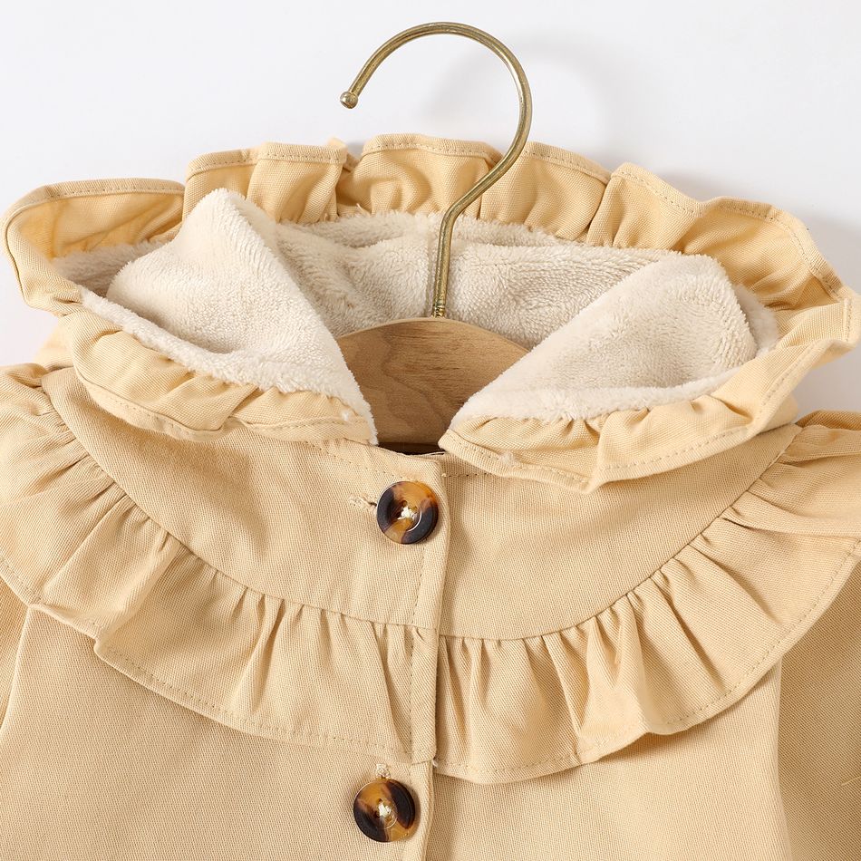 Baby Girl Thermal Fleece Lined Ruffle Trim Hooded Single Breasted Coat Apricot big image 3