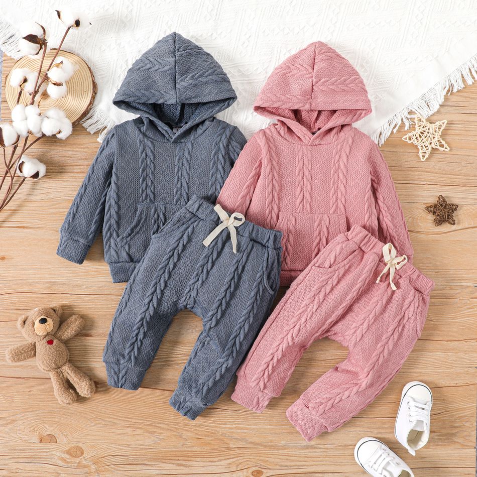 2pcs Baby Boy/Girl Solid Cable Knit Hooded Long-sleeve Set Pink big image 6