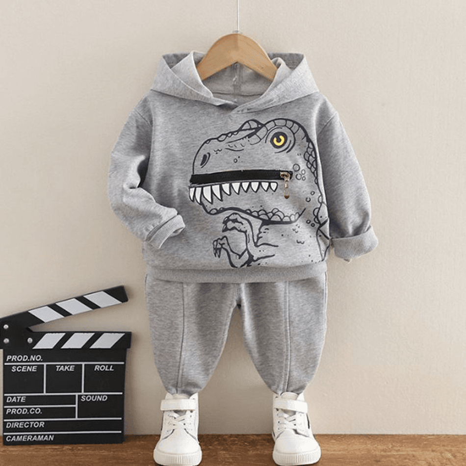 2pcs Toddler Boy Playful Dinosaur Print Hoodie Sweatshirt and Pants Set Grey big image 1