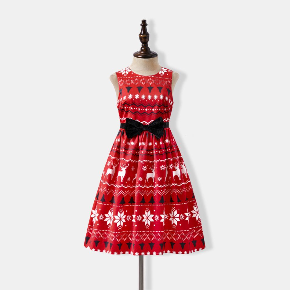 Christmas Family Matching Allover Print Bow Front Red A-line Tank Dresses and Long-sleeve Plaid Shirts Sets Red big image 2