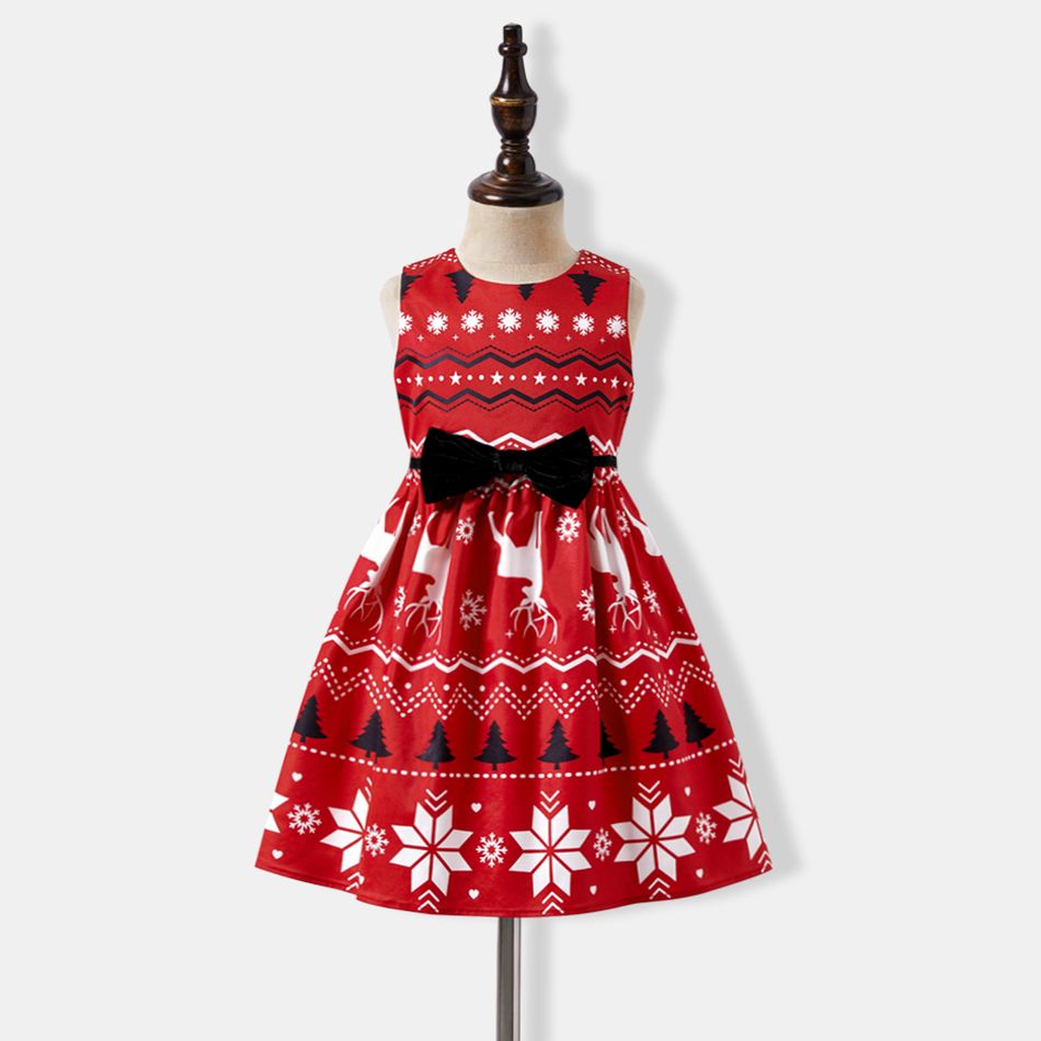 Christmas Family Matching Allover Print Bow Front Red A-line Tank Dresses and Long-sleeve Plaid Shirts Sets Red big image 7