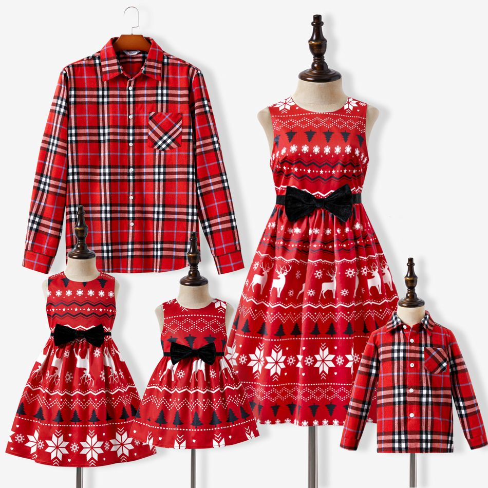 Christmas Family Matching Allover Print Bow Front Red A-line Tank Dresses and Long-sleeve Plaid Shirts Sets Red big image 1