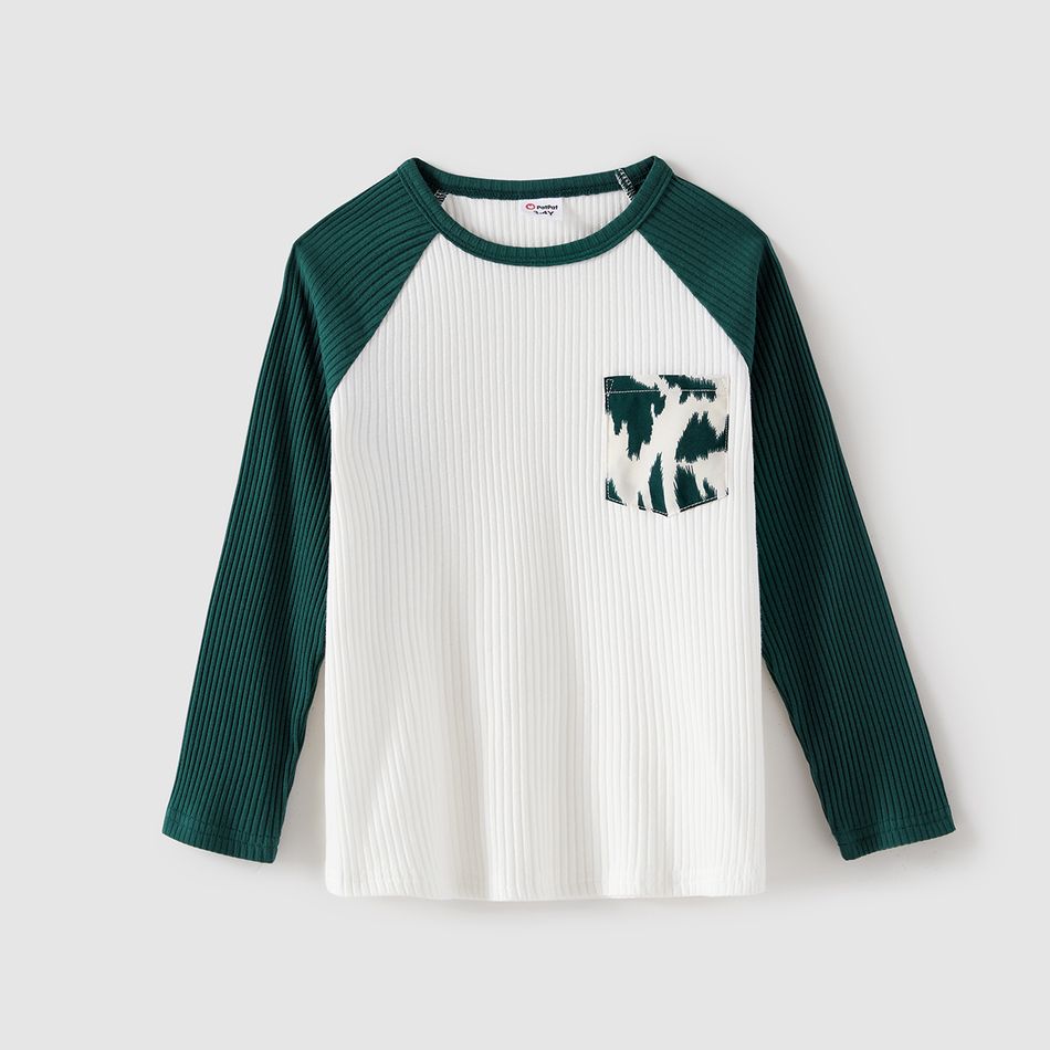 Family Matching Allover Green Print Belted Dresses and Ribbed Colorblock Raglan-sleeve T-shirts Sets blackishgreen big image 17