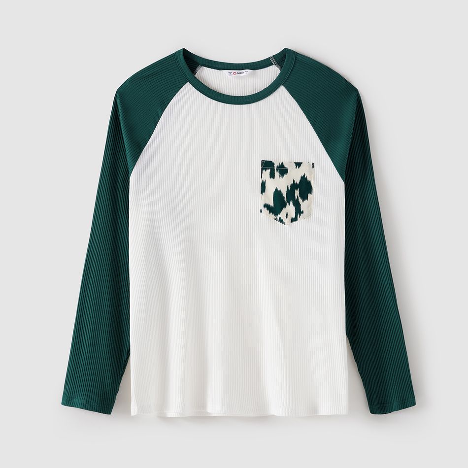 Family Matching Allover Green Print Belted Dresses and Ribbed Colorblock Raglan-sleeve T-shirts Sets blackishgreen big image 13