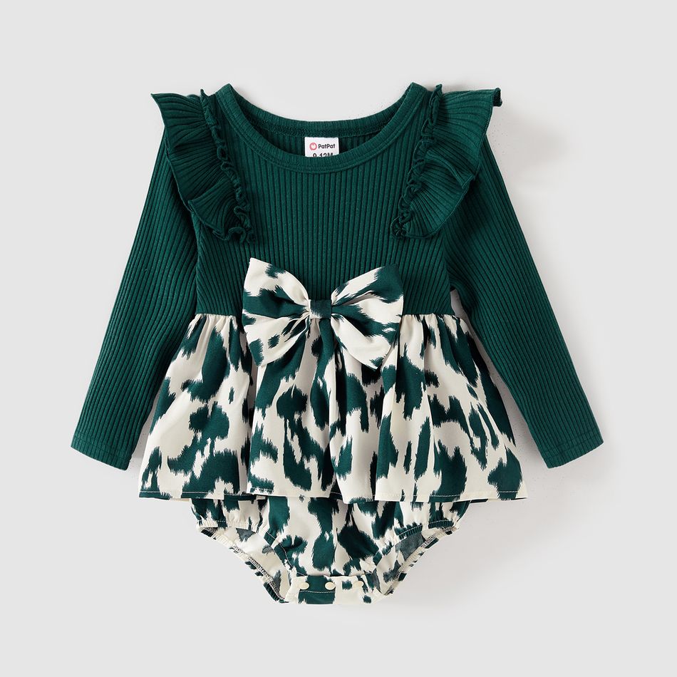 Family Matching Allover Green Print Belted Dresses and Ribbed Colorblock Raglan-sleeve T-shirts Sets blackishgreen big image 9