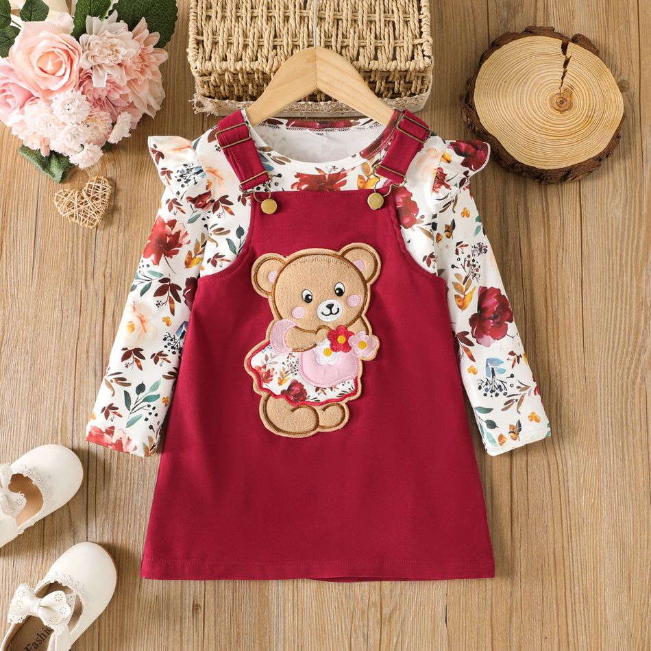 2pcs Toddler Girl Playful Floral Print Tee and Bear Embroidered Adjustable Overall Dress Set Burgundy big image 1