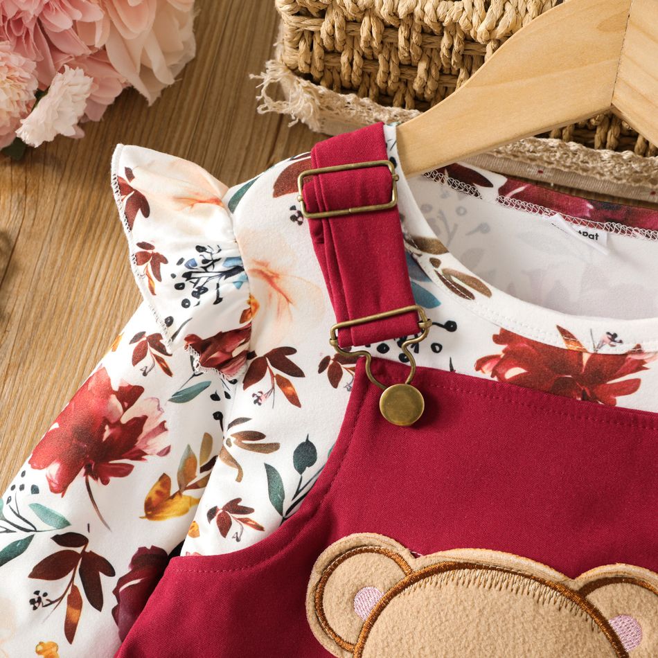 2pcs Toddler Girl Playful Floral Print Tee and Bear Embroidered Adjustable Overall Dress Set Burgundy big image 3