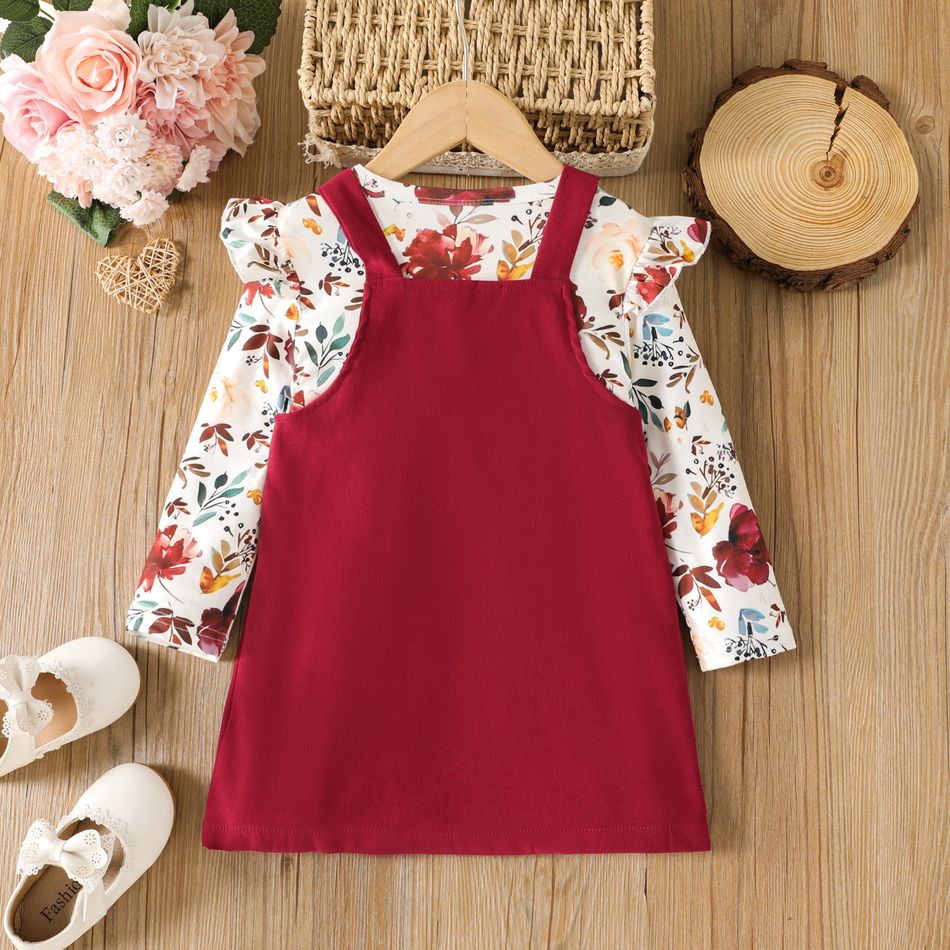 2pcs Toddler Girl Playful Floral Print Tee and Bear Embroidered Adjustable Overall Dress Set Burgundy big image 2