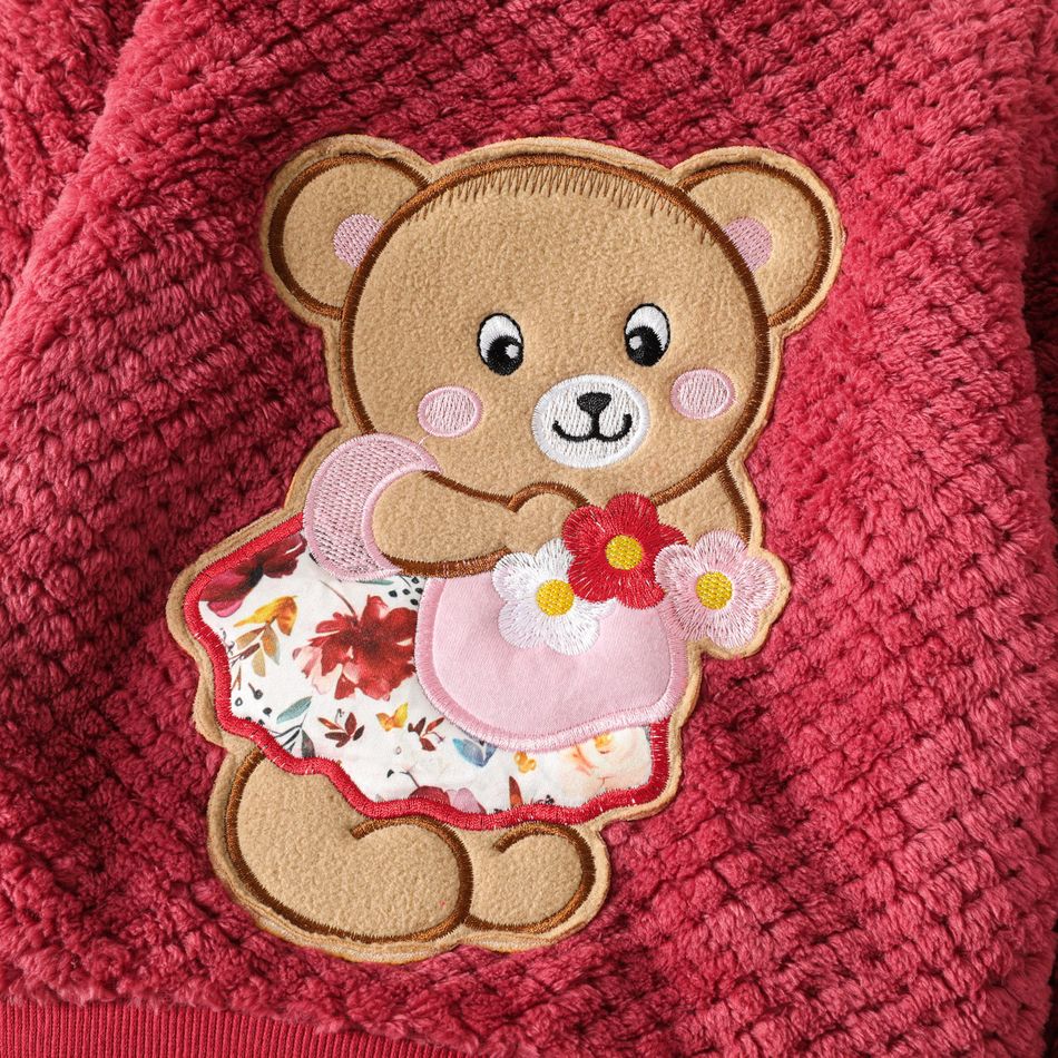 2pcs Toddler Girl Playful Bear Embroidered Fleece Sweatshirt and Floral Print Bows Decor Leggings Set Hot Pink big image 3
