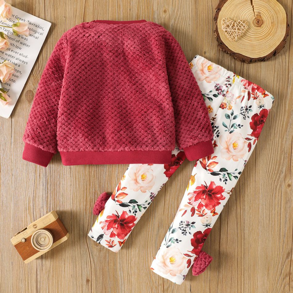 2pcs Toddler Girl Playful Bear Embroidered Fleece Sweatshirt and Floral Print Bows Decor Leggings Set Hot Pink big image 2