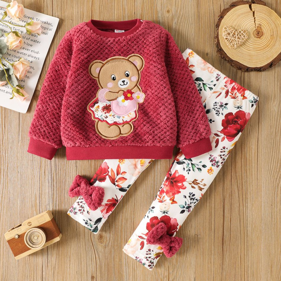 2pcs Toddler Girl Playful Bear Embroidered Fleece Sweatshirt and Floral Print Bows Decor Leggings Set Hot Pink