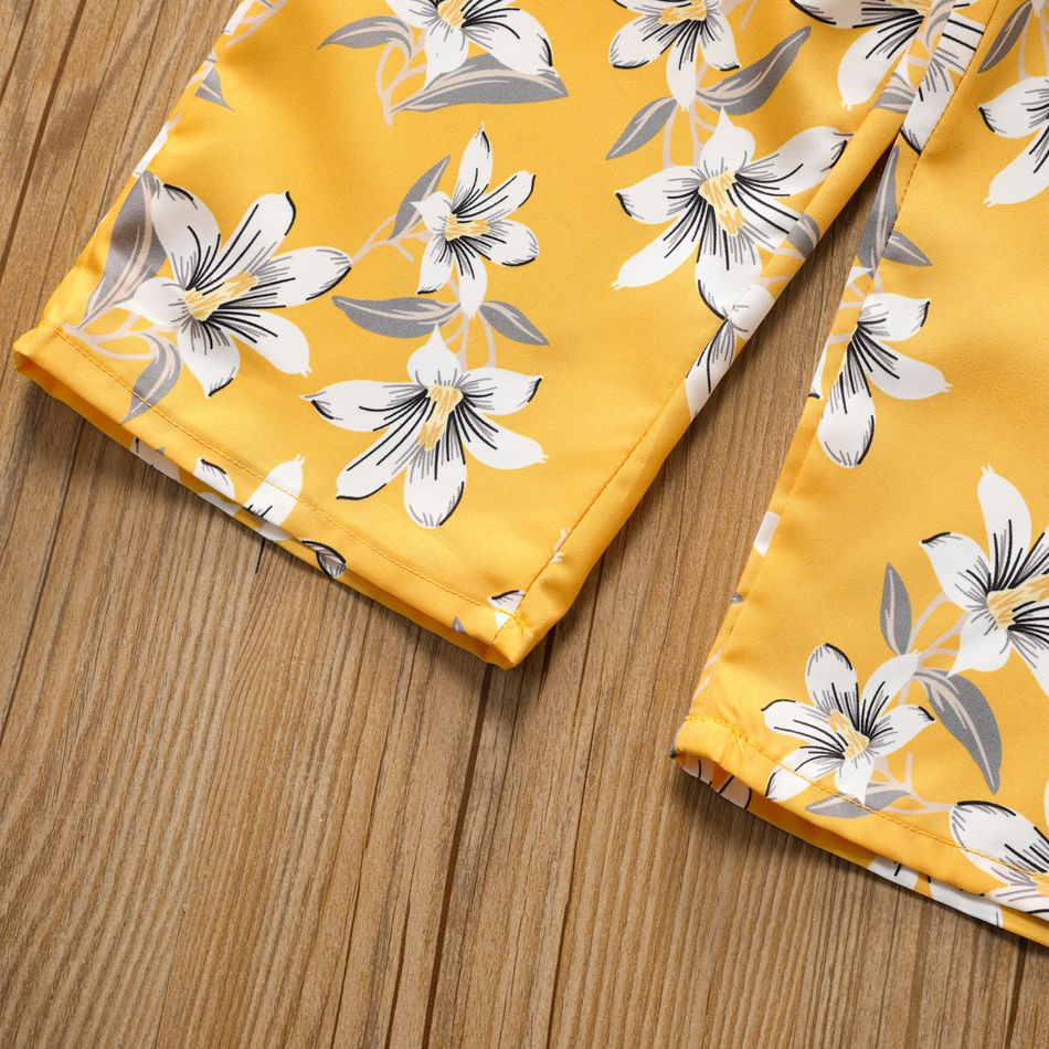 Toddler Girl Elegant Floral Print Smocked Square Neck Long-sleeve Jumsuits Yellow