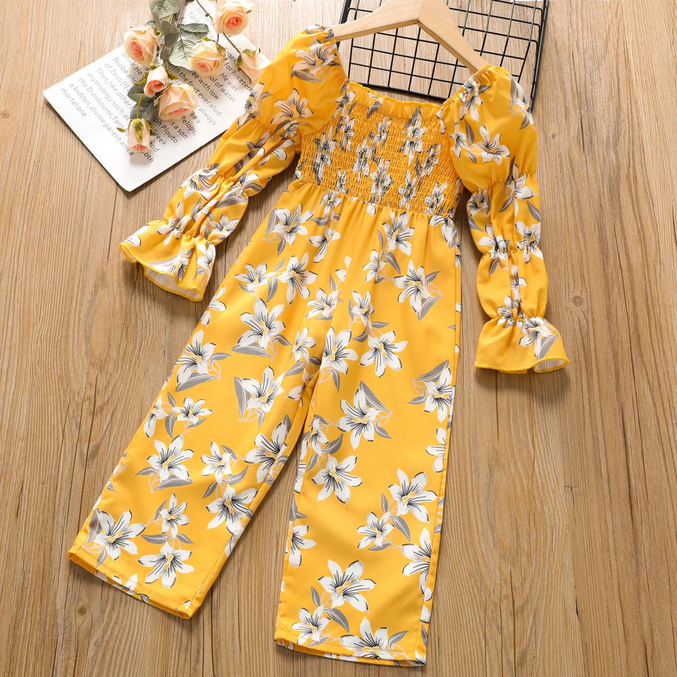 Toddler Girl Elegant Floral Print Smocked Square Neck Long-sleeve Jumsuits Yellow big image 1