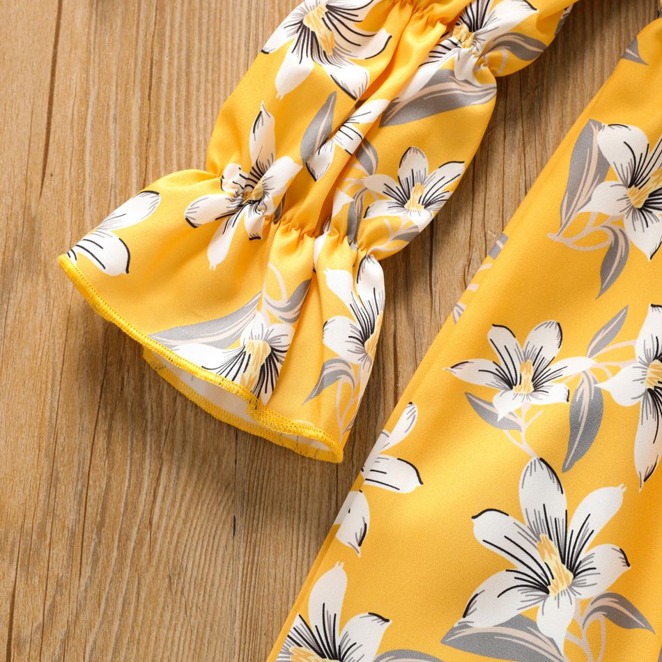 Toddler Girl Elegant Floral Print Smocked Square Neck Long-sleeve Jumsuits Yellow big image 3