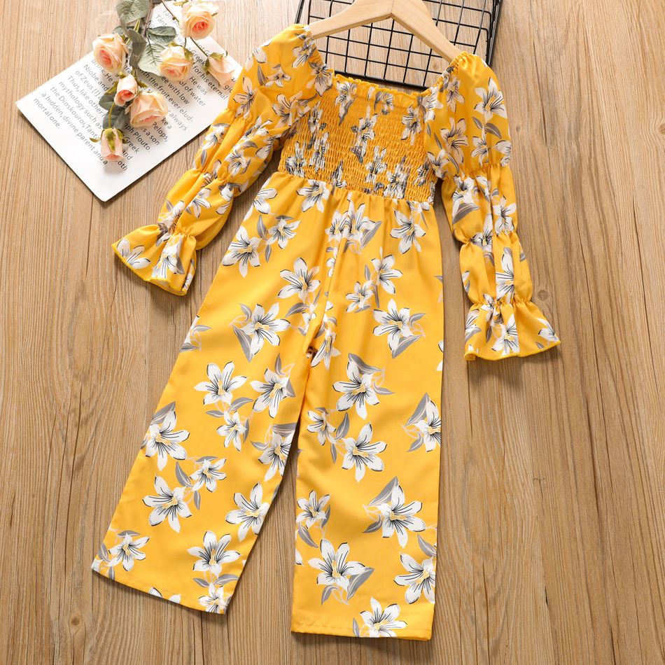 Toddler Girl Elegant Floral Print Smocked Square Neck Long-sleeve Jumsuits Yellow big image 2