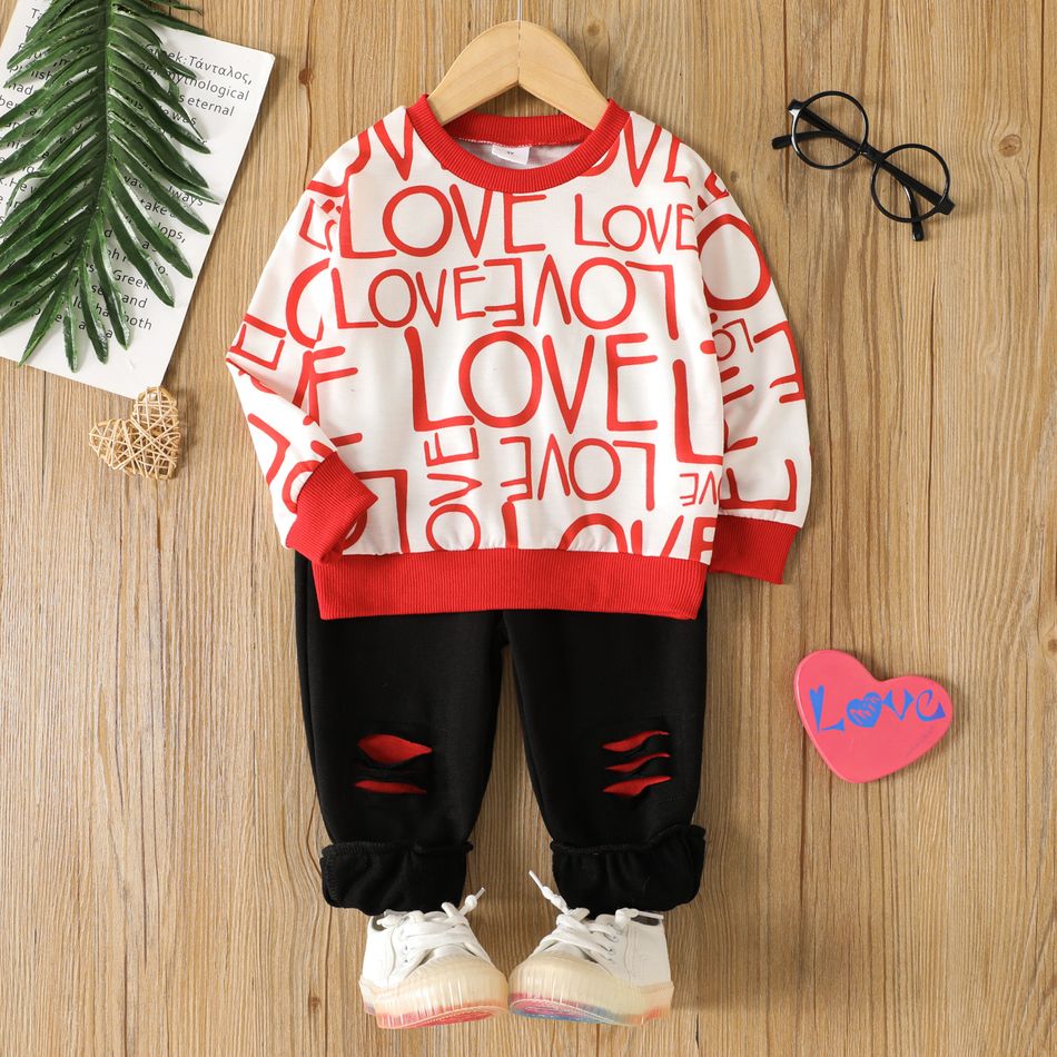 2pcs Toddler Boy Valentine'd Day Letter Print Sweatshirt and Ripped Pants Set Red big image 1