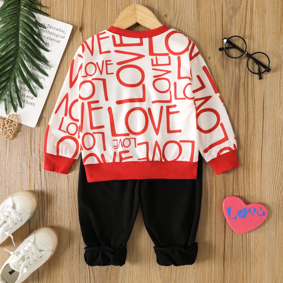 2pcs Toddler Boy Valentine'd Day Letter Print Sweatshirt and Ripped Pants Set Red big image 2
