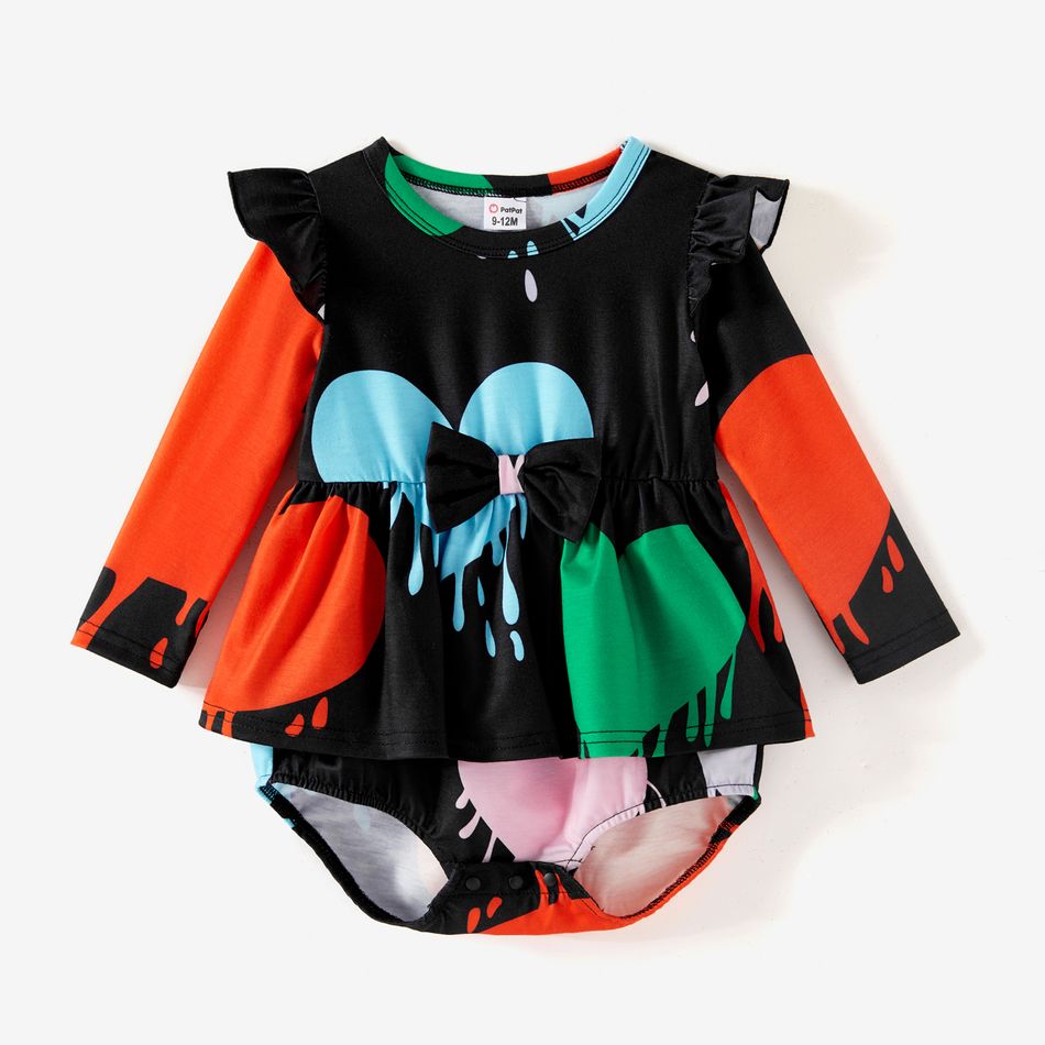 Valentine's Day Family Matching Allover Colorful Heart Print Belted Short-sleeve Dresses and T-shirts Sets Black big image 7
