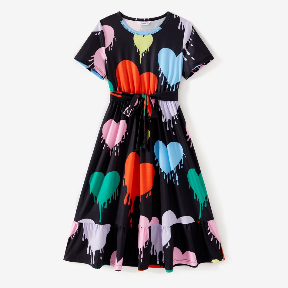 Valentine's Day Family Matching Allover Colorful Heart Print Belted Short-sleeve Dresses and T-shirts Sets Black big image 2