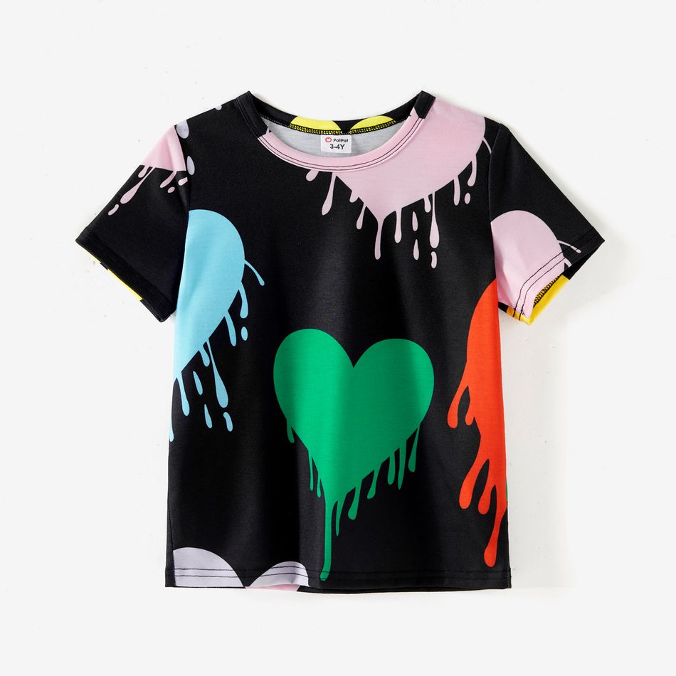 Valentine's Day Family Matching Allover Colorful Heart Print Belted Short-sleeve Dresses and T-shirts Sets Black big image 13