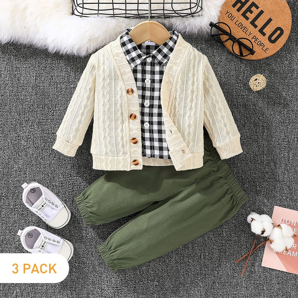 3pcs Baby Boy Long-sleeve Cardigan Sweater and Plaid Shirt with Solid Carrot Pants Set White big image 1