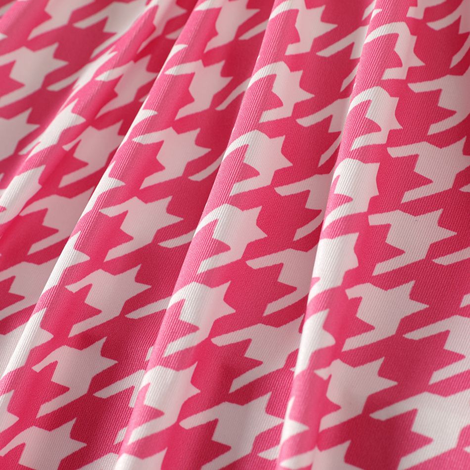 Kid Girl 3D Bowknot Design Pink Houndstooth Long-sleeve Dress Hot Pink
