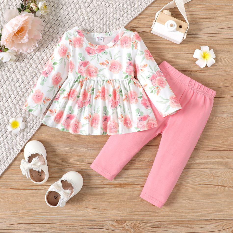 2pcs Baby Girl 95% Cotton Solid Pants and Allover Floral Print Long-sleeve Top Set Pink