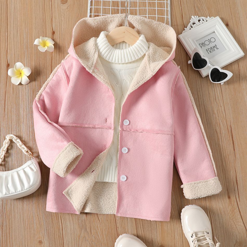 Kid Girl Fleece Lined Hooded Suede Coat Pink big image 1