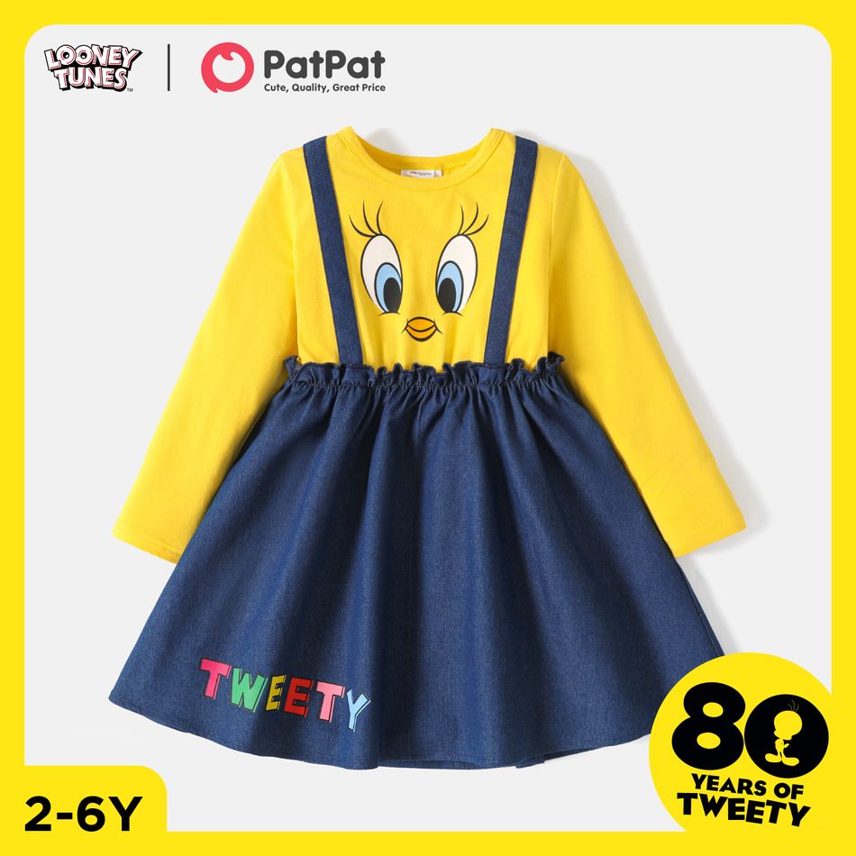 Looney Tunes Toddlre Girl Faux-two Denim Splice Long-sleeve Cotton Dress ColorBlock big image 2