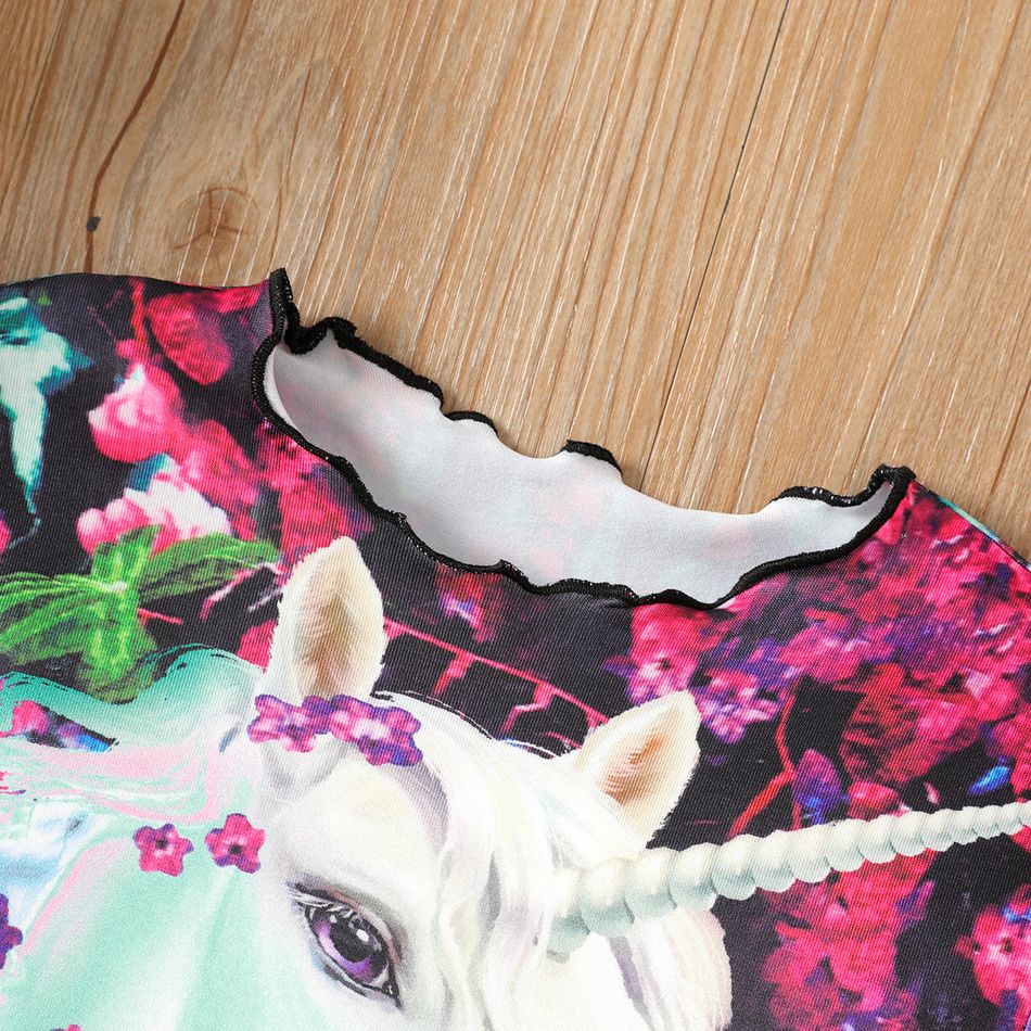 Kid Girl Floral Unicorn Print Lettuce Trim Long-sleeve Tee Multi-color big image 3