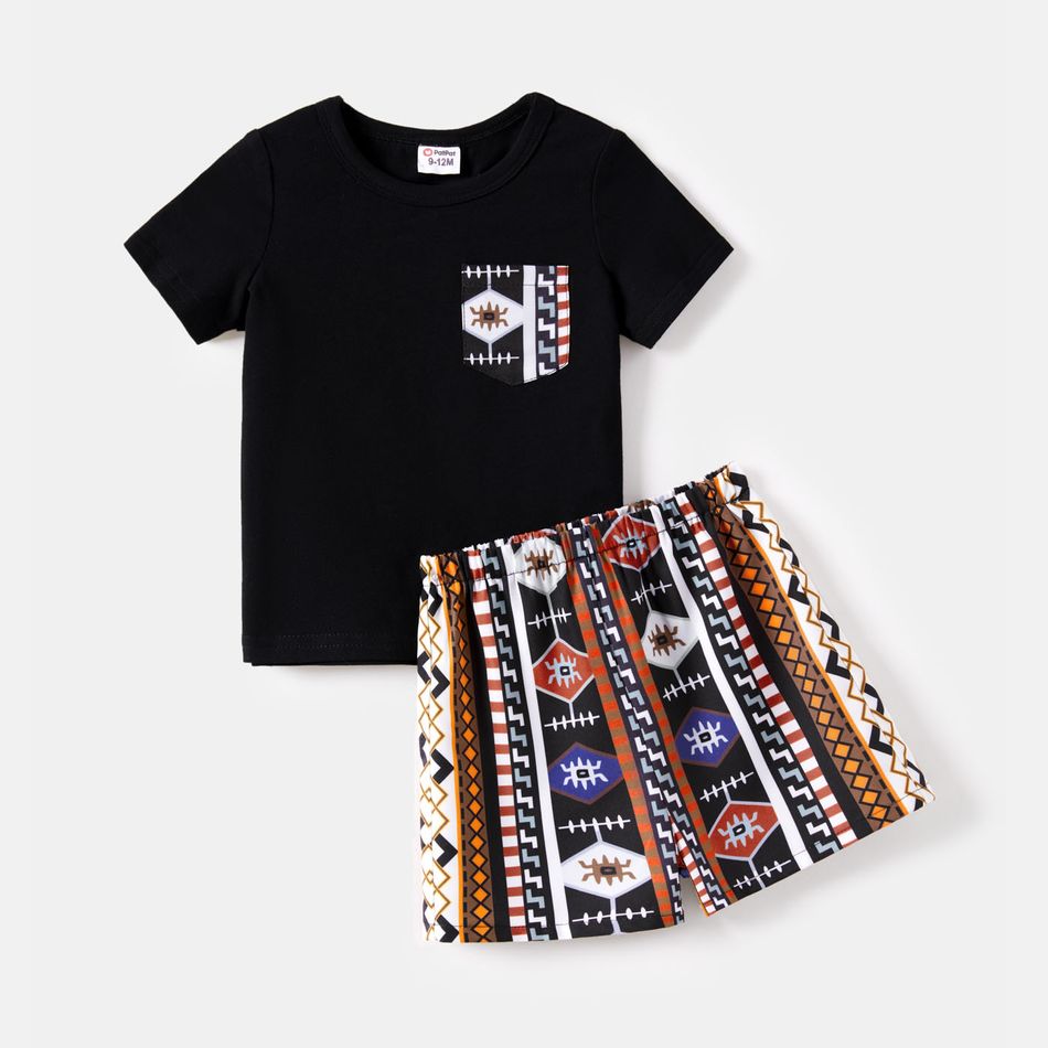 Mommy and Me 95% Cotton V Neck Short-sleeve Spliced Boho Print Belted Button Romper Black big image 7