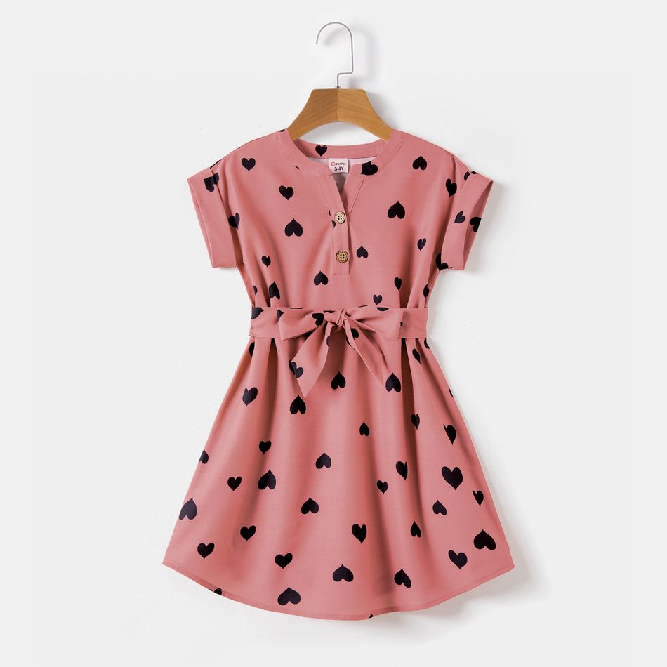 Mommy and Me Allover Heart Print Pink Notch Neck Short-sleeve Belted Dresses Mauve Pink big image 3