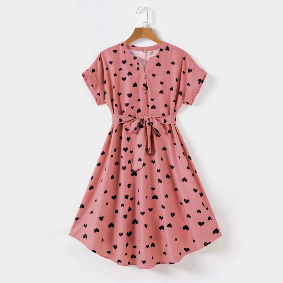 Mommy and Me Allover Heart Print Pink Notch Neck Short-sleeve Belted Dresses Mauve Pink big image 2
