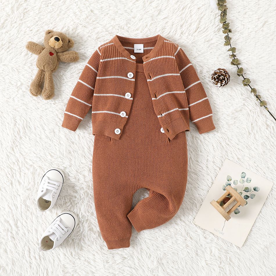 100% Cotton 2pcs Baby Boy/Girl Brown Striped Long-sleeve Button Knitted Cardigan and Overalls Set Brown big image 5