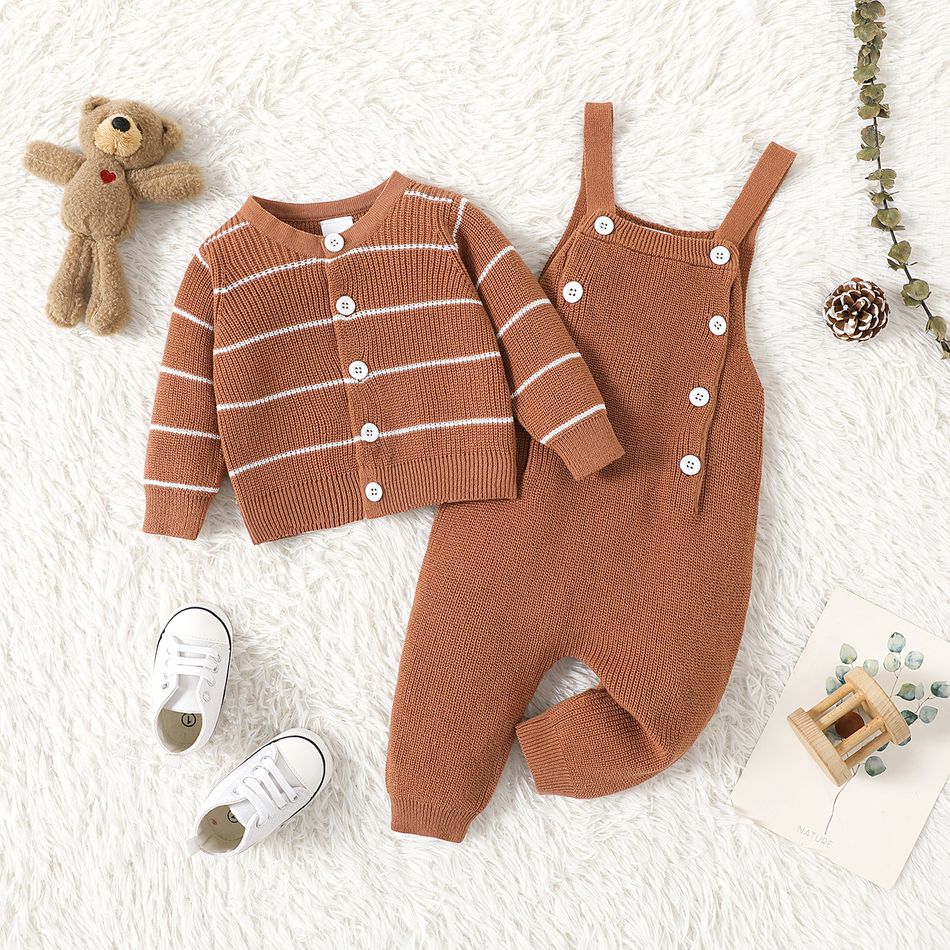 100% Cotton 2pcs Baby Boy/Girl Brown Striped Long-sleeve Button Knitted Cardigan and Overalls Set Brown big image 3