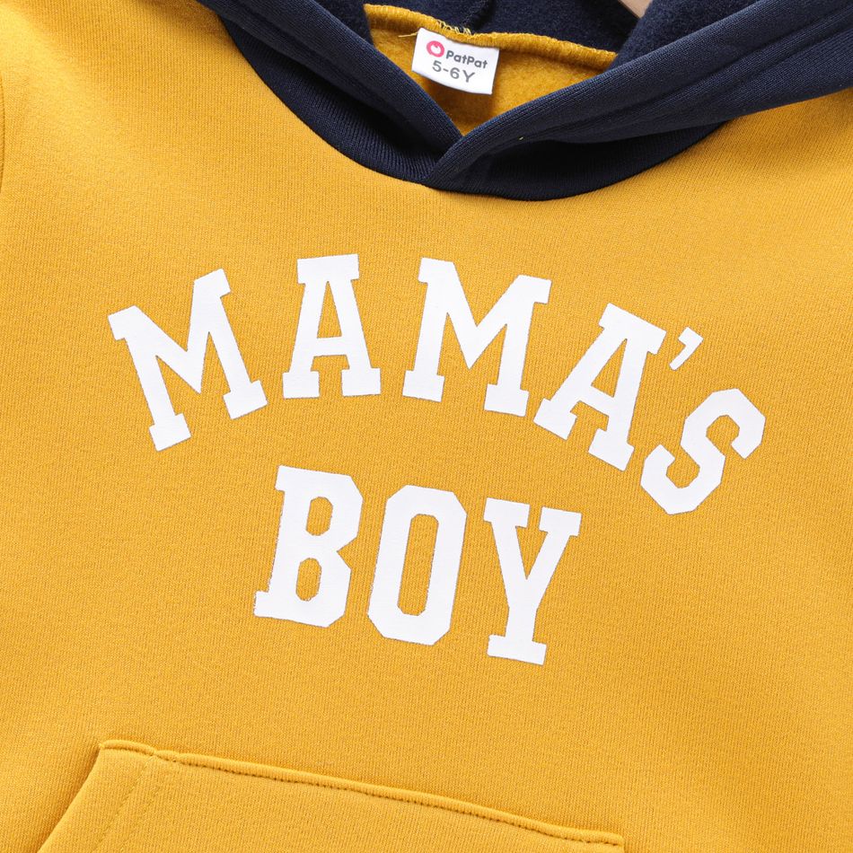 Kid Boy Letter Print Colorblock Fleece Lined Hoodie Sweatshirt Yellow