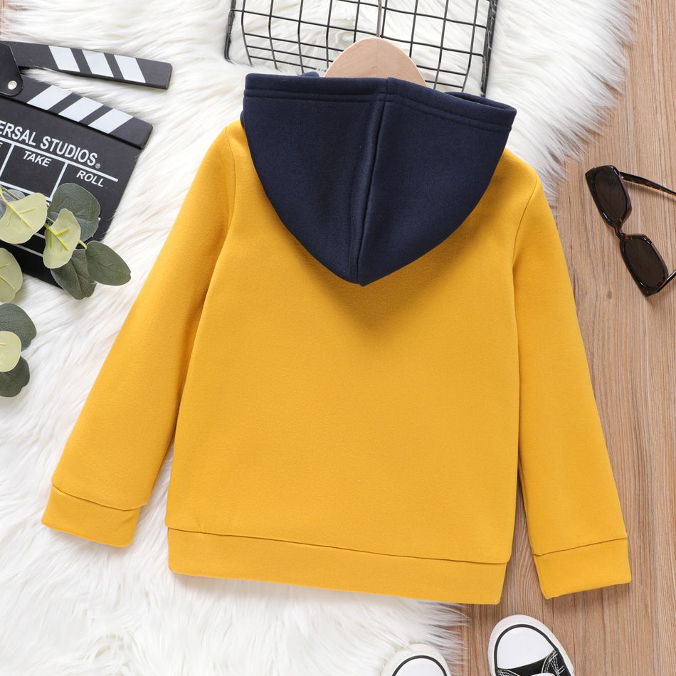 Kid Girl Letter Print Colorblock Fleece Lined Hoodie Sweatshirt Yellow big image 3