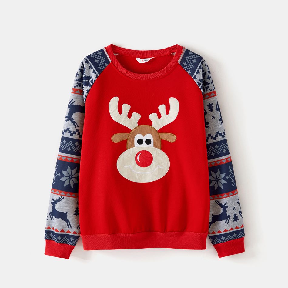 Christmas Family Matching Fleece Lined Raglan-sleeve Reindeer Embroidered Sweatshirts ColorBlock big image 4