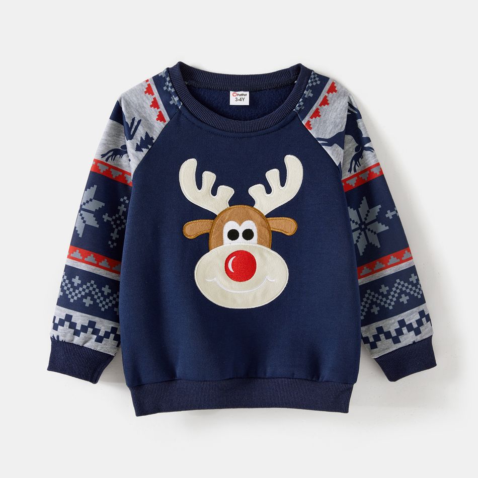 Christmas Family Matching Fleece Lined Raglan-sleeve Reindeer Embroidered Sweatshirts ColorBlock big image 6