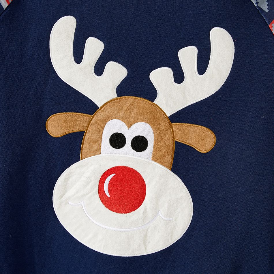 Christmas Family Matching Fleece Lined Raglan-sleeve Reindeer Embroidered Sweatshirts ColorBlock big image 3