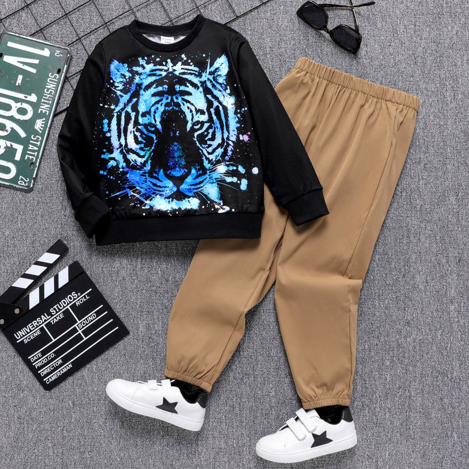 2pcs Kid Boy Tiger Print Black Sweatshirt and Elasticized Pants Set Black